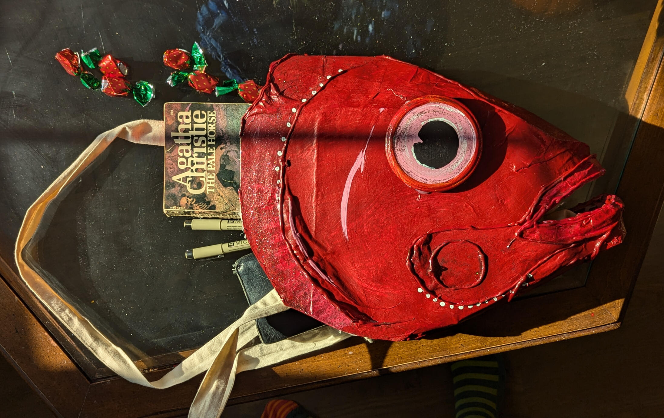 Red Herring Purse - reused Blue Moon Box, paper mache, jar lids, and recycled tote.